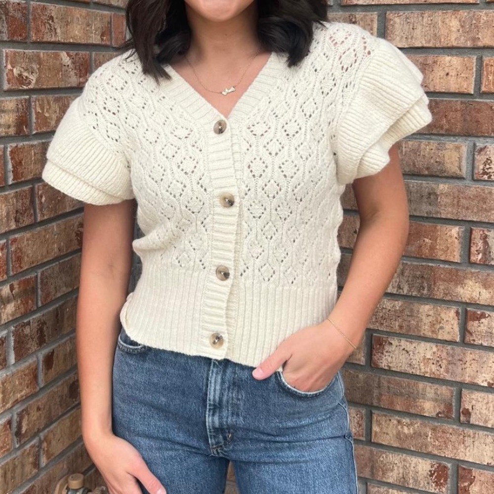 Habitual Short Ruffle Sleeve Button Sweater